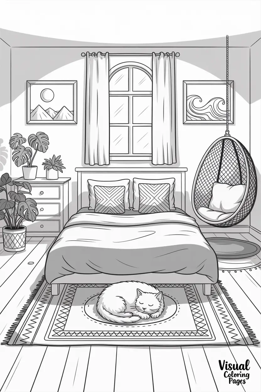aesthetic coloring pages boho bedroom 1