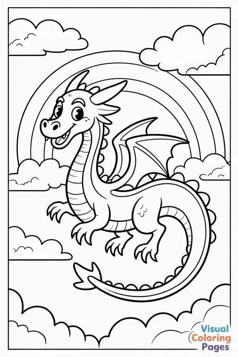Dragon Coloring Pages Dragon Flying in Sky with Rainbow