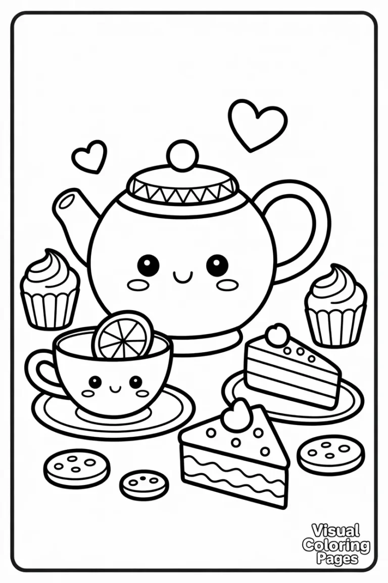 kawaii food coloring pages tea and cake