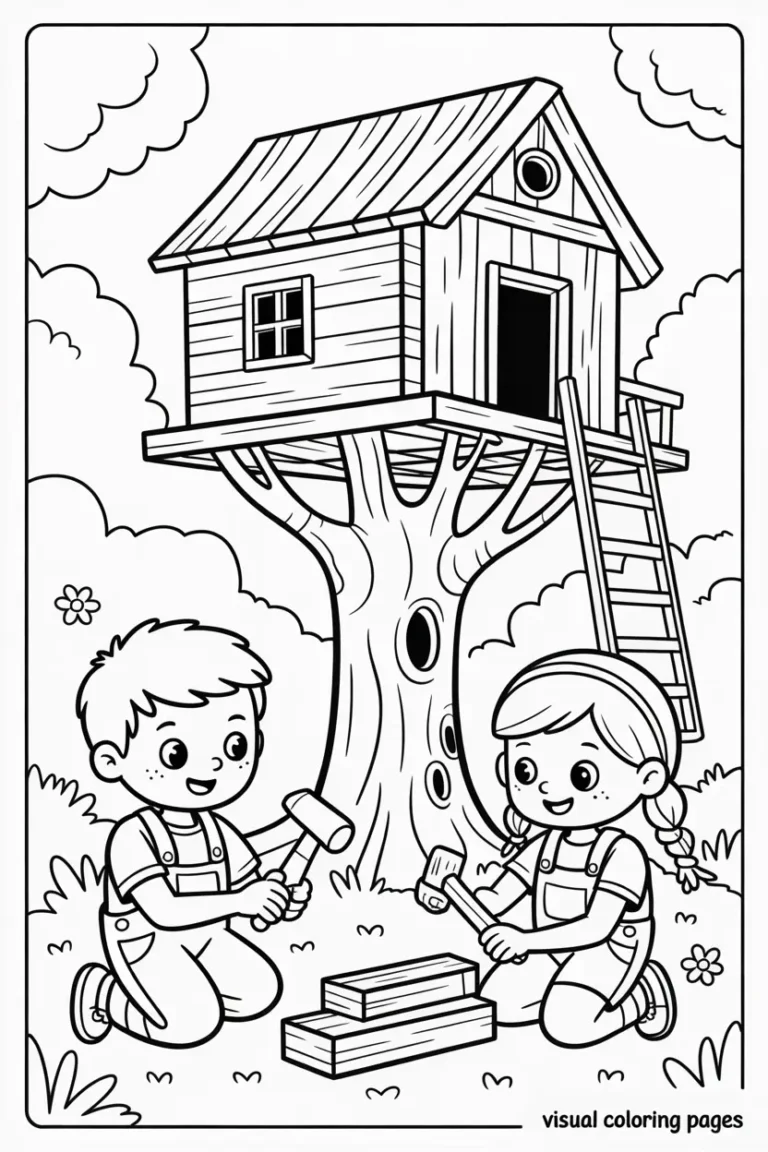 spring coloring pages building a treehouse