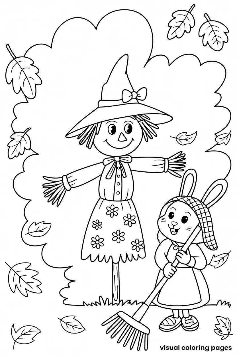 Rabbit Sweeping Leaves Around A Scarecrow