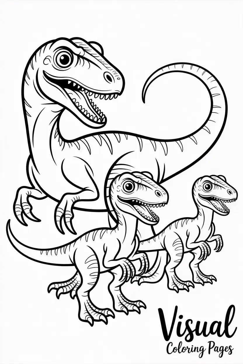 a parent and two baby velociraptors
