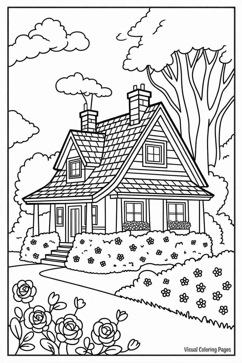 adorable cottage covered in rose vines coloring page for kids