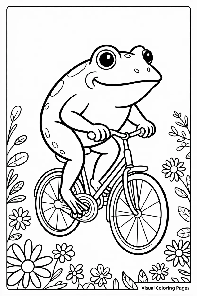 adorable little frog riding the bicycle cottagecore coloring page for kids