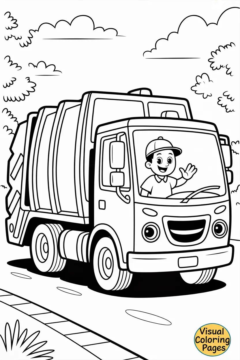 arbage truck with friendly driver waving at children