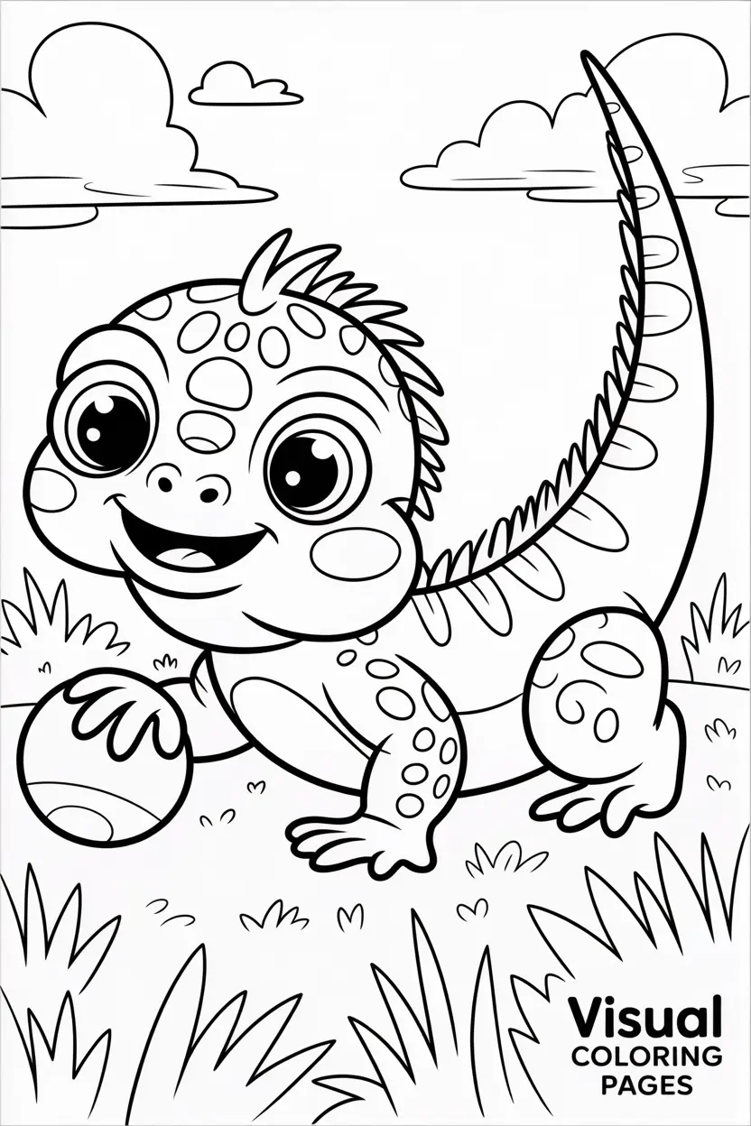 baby iguana playing with a ball in the grass
