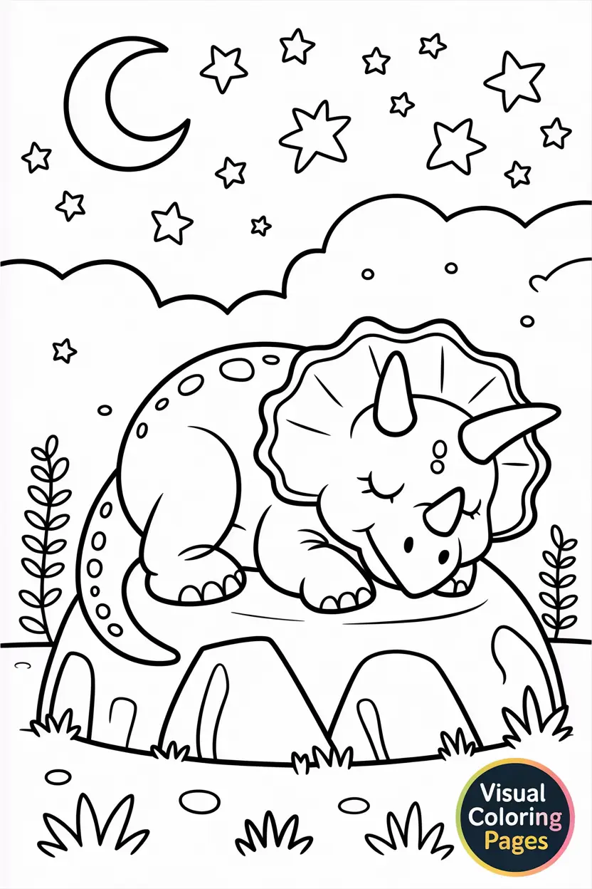 baby triceratops sleeping on a rock with stars and moon