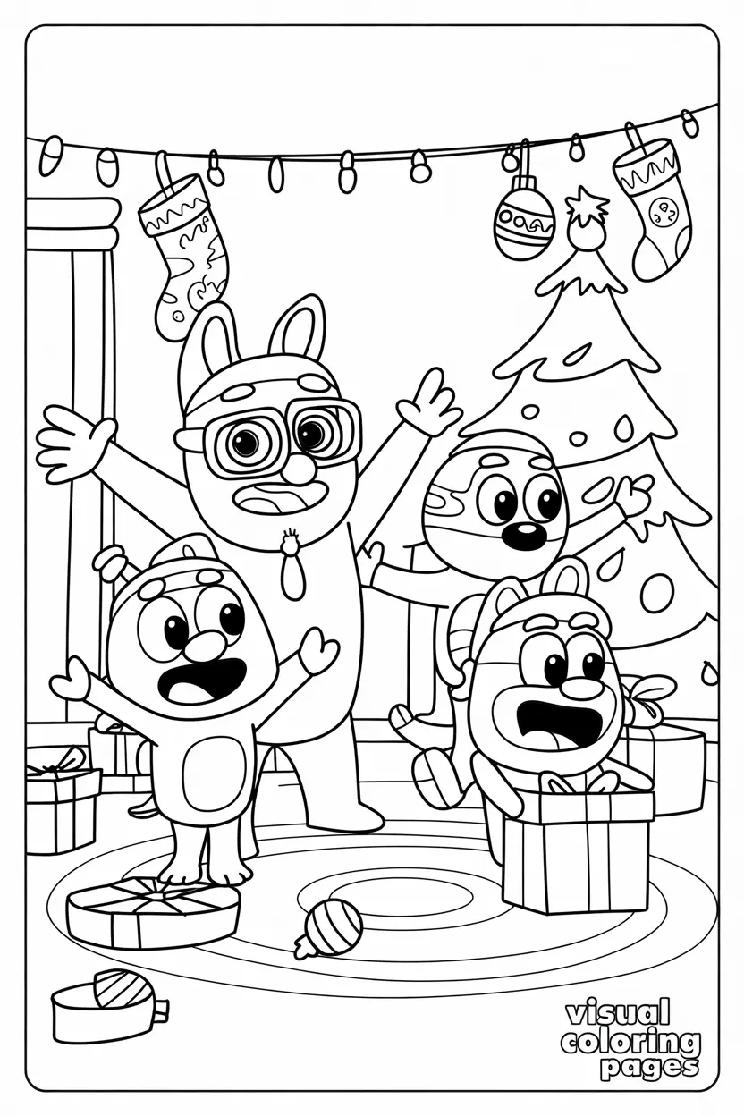 bandit chilli and bluey opening christmas presents coloring page