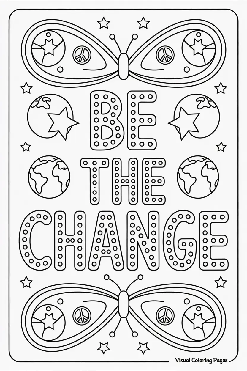 be the change words surrounded by peace symbols and nature