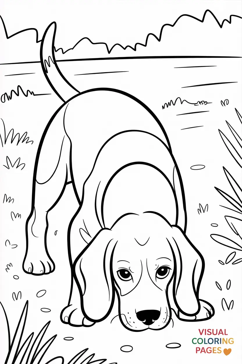 beagle sniffing the ground with floppy ears