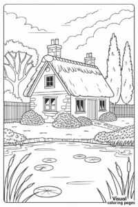 beautiful house with flower bushes cottagecore coloring page