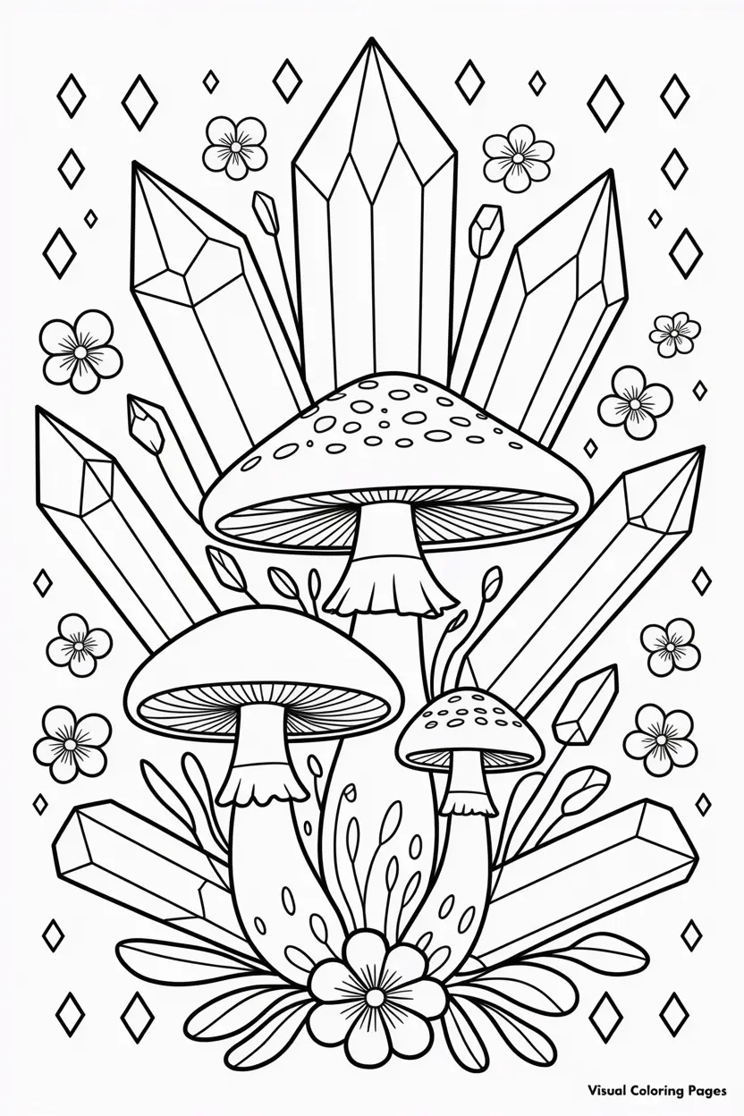 beautiful mushrooms and crystals coloring page