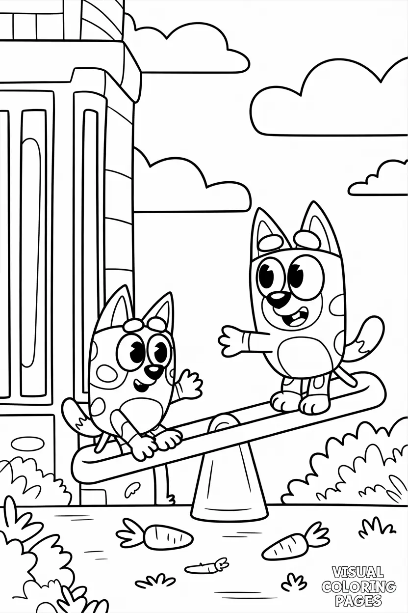 bluey and bingo playing with seasaw