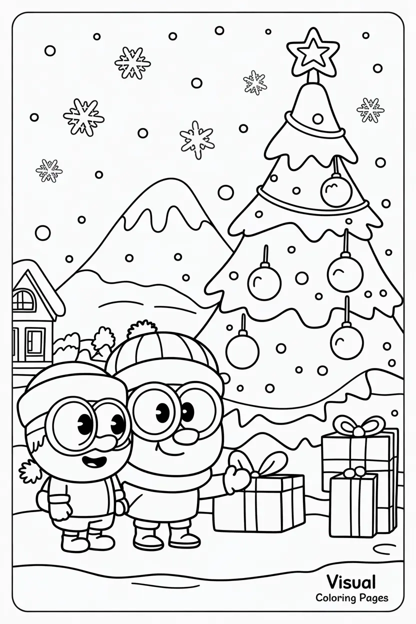 bluey and bingo wearing santa hats in front of christmas tree