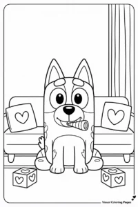 bluey sitting in the room with heart boxes