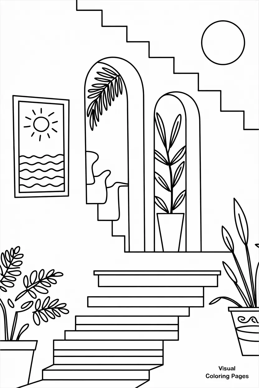 boho living room with stairs and plants coloring page