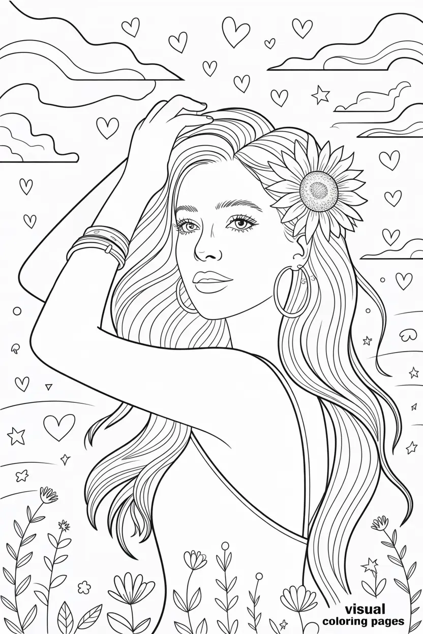 boho woman holding flowers coloring page for kids