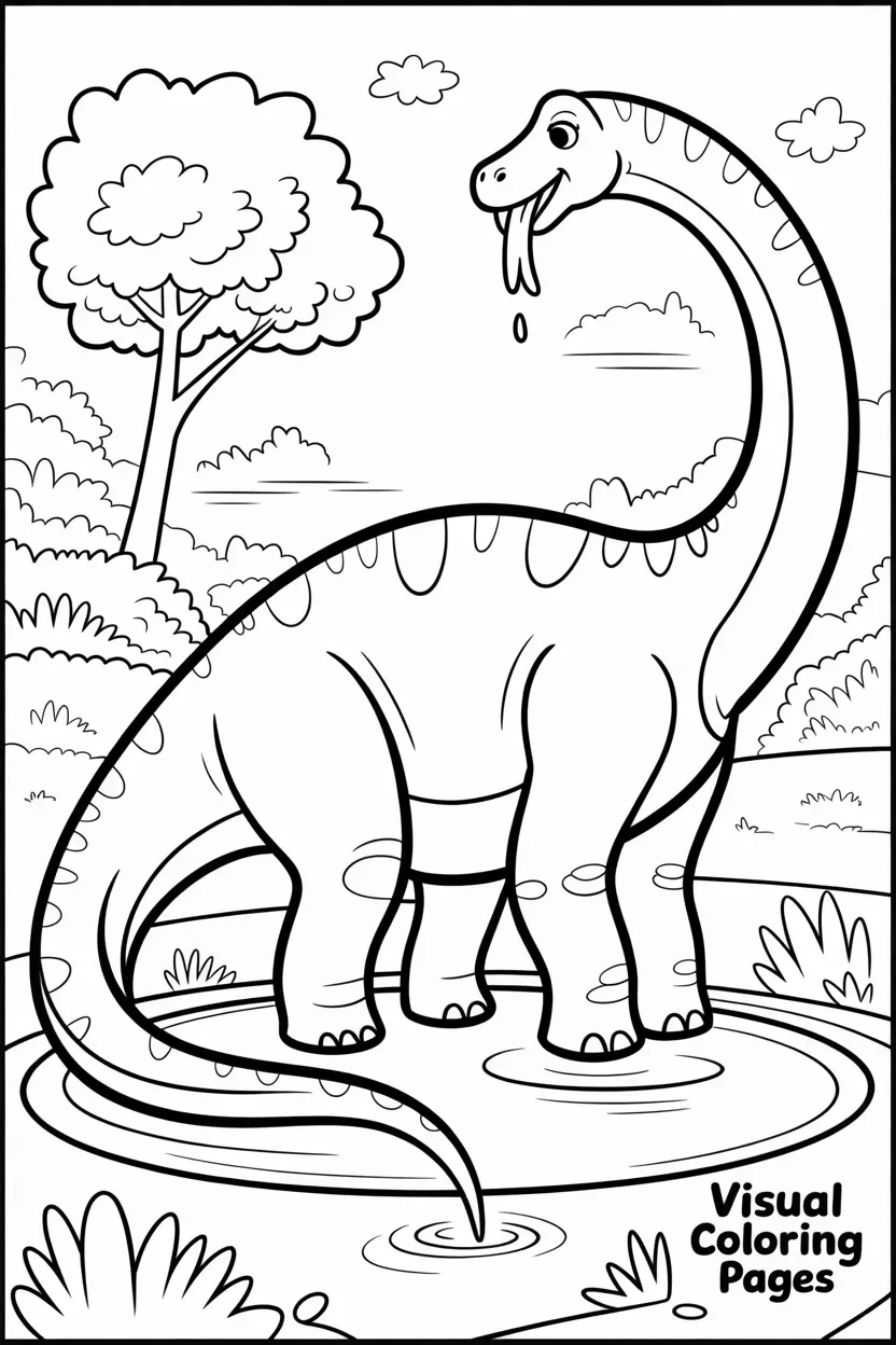 brachiosaurus drinking water from a small pond