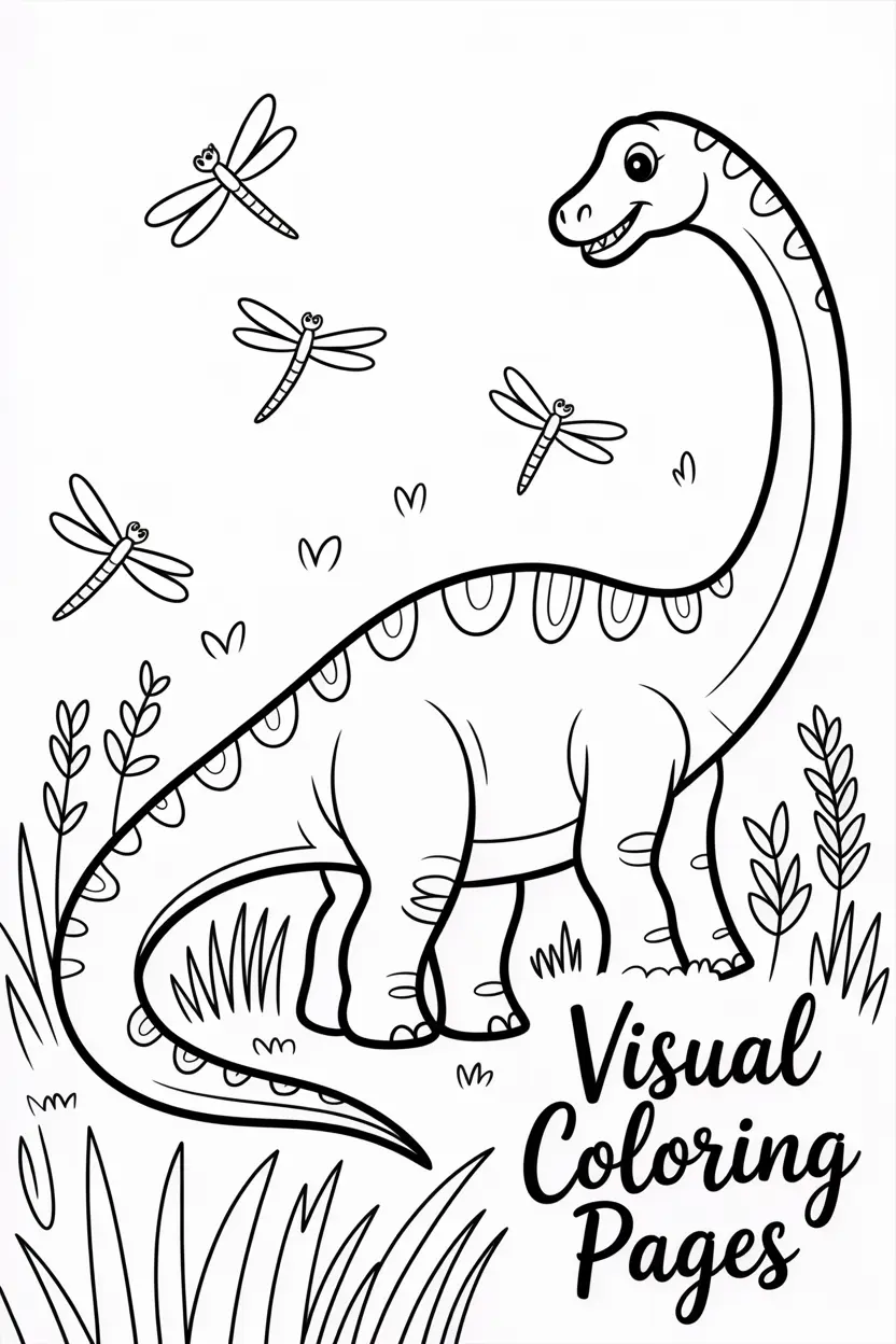 brachiosaurus in tall grass with dragonflies flying around