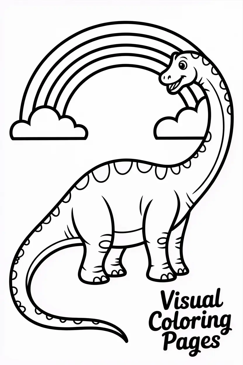 brachiosaurus looking at a rainbow in the sky