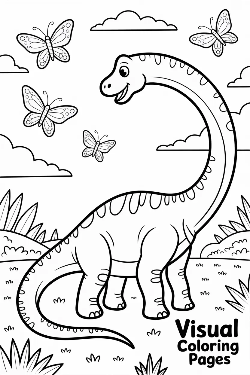 brachiosaurus looking at butterflies in the sky