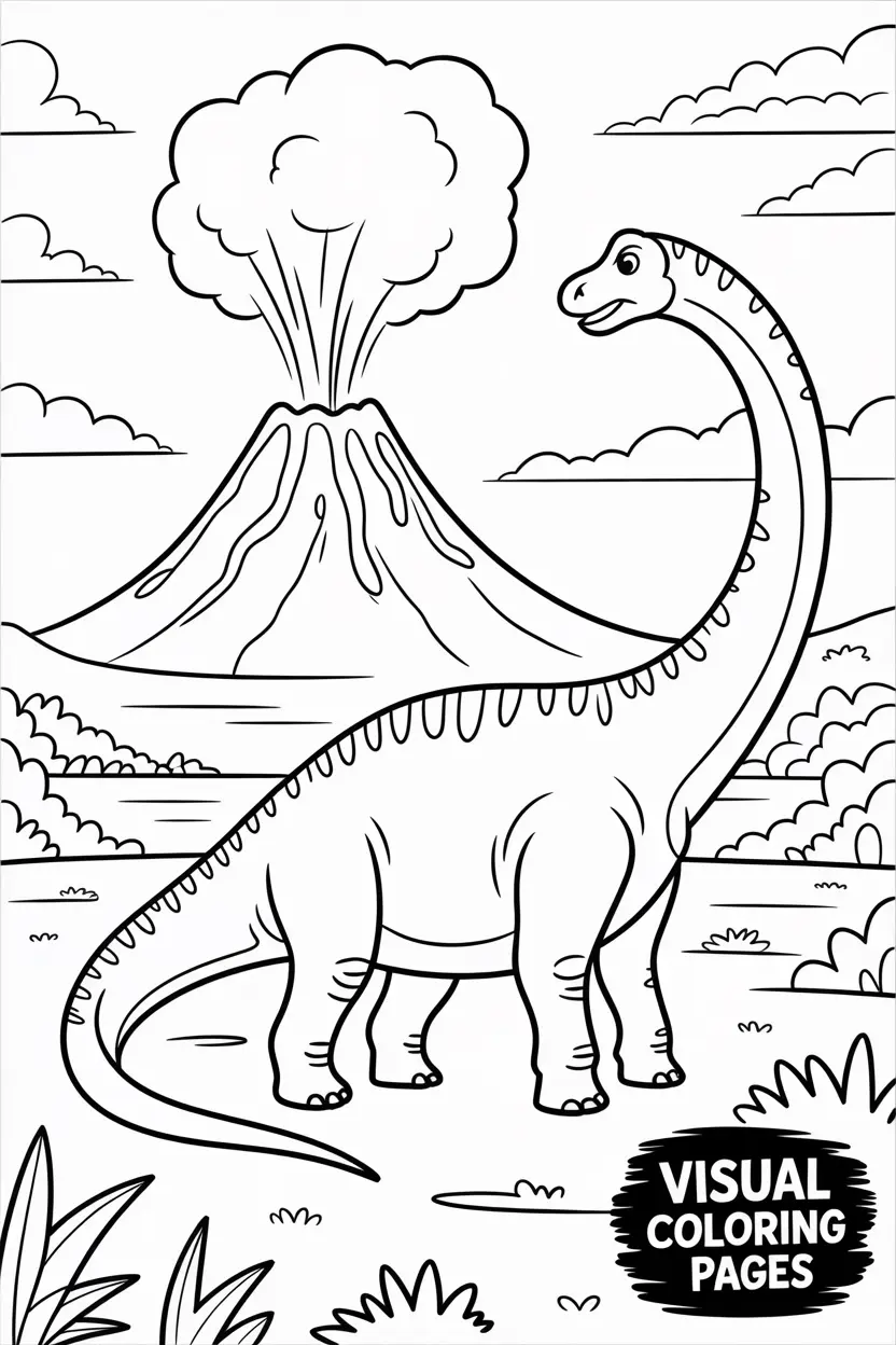 brachiosaurus near a volcano in the distance