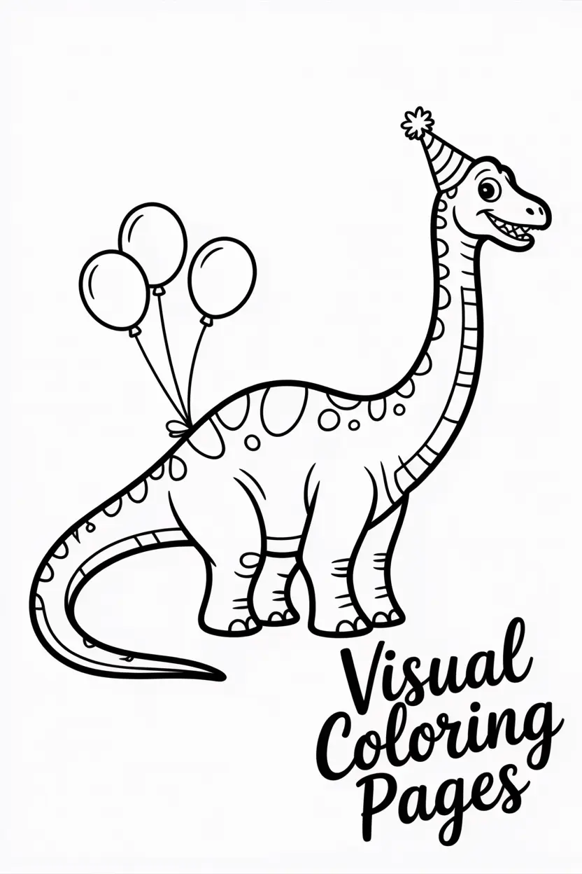 brachiosaurus wearing a party hat with balloons