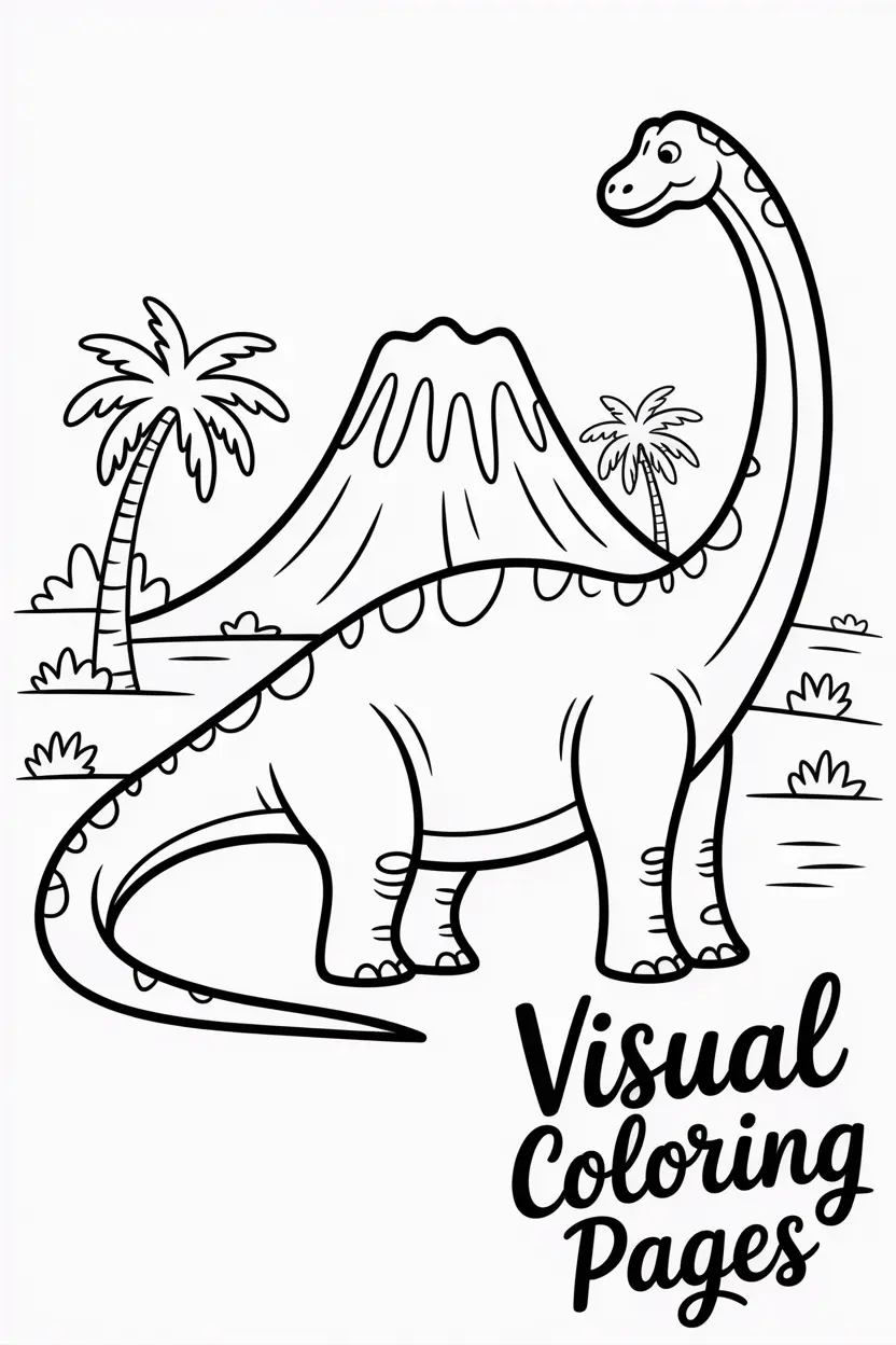 brachiosaurus with volcano and palm trees in background