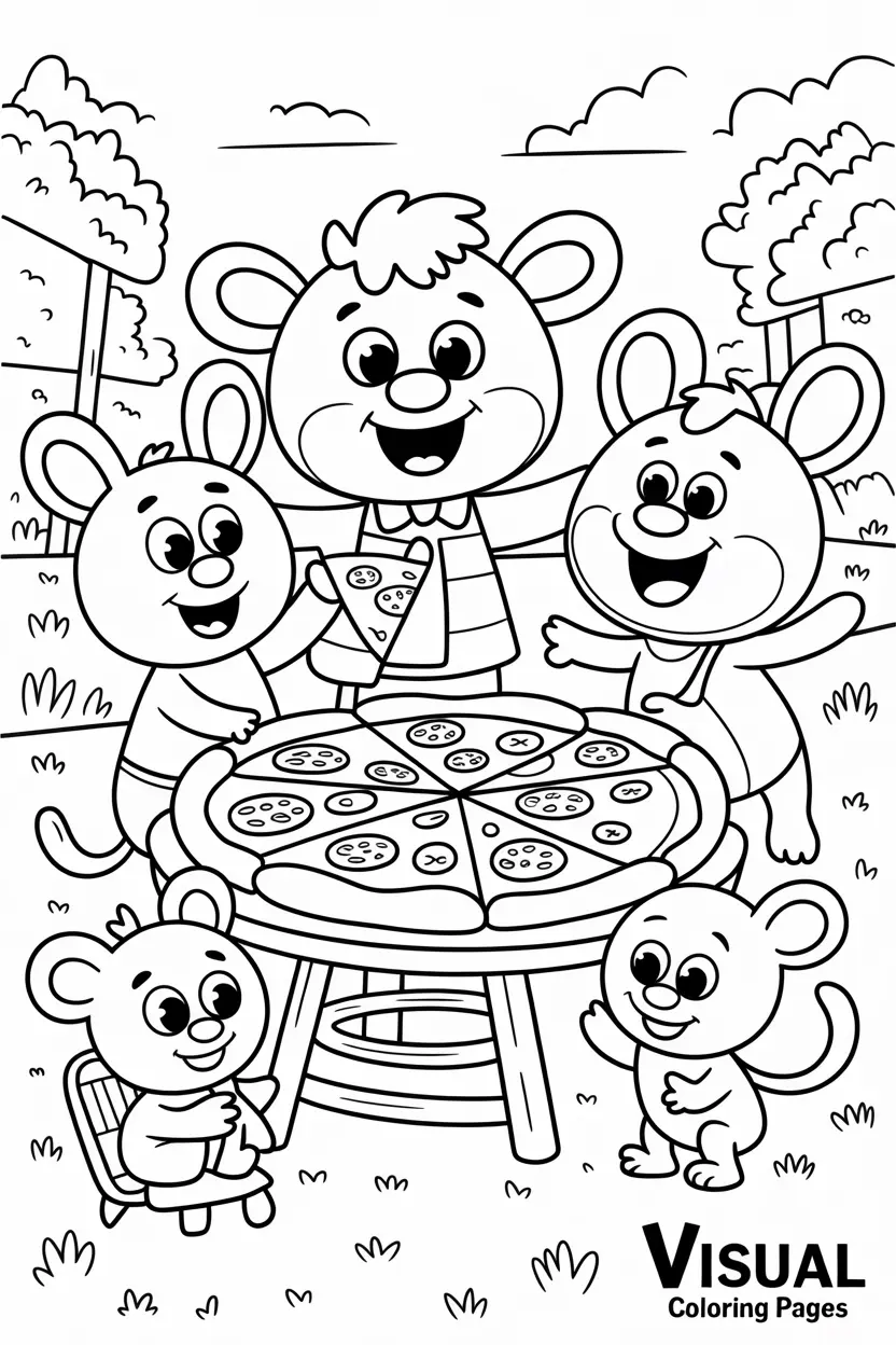 canimals having a picnic with a big pizza