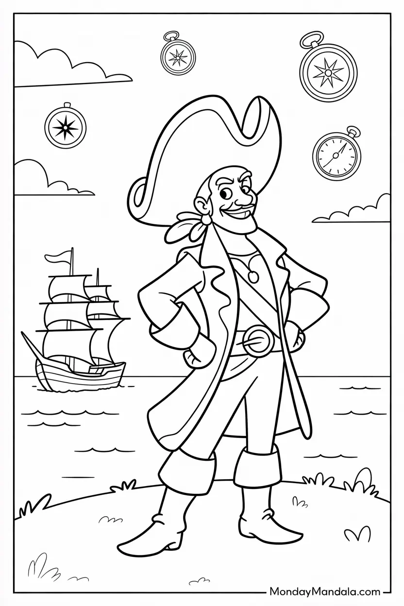 captain hook with flying ship in background coloring page