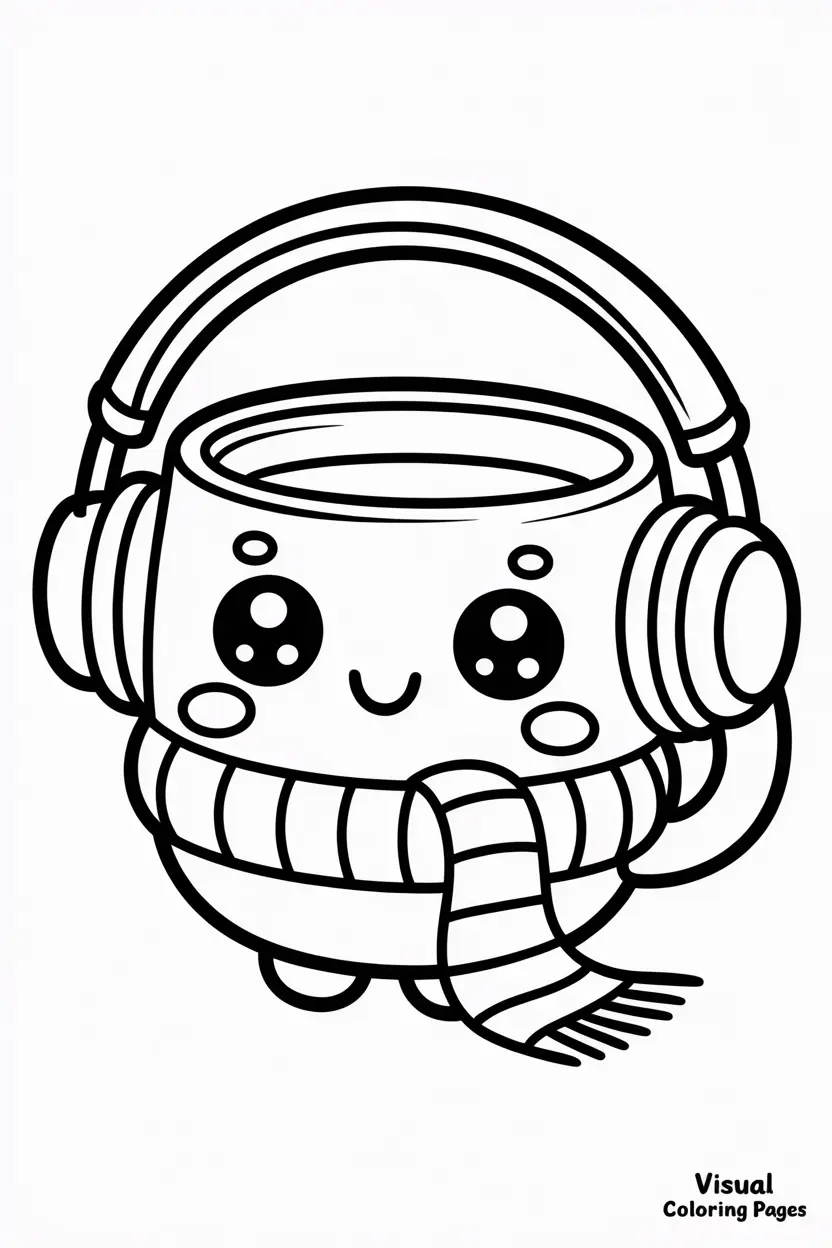 cartoon coffee cup wearing scarf and ear muffs coloring