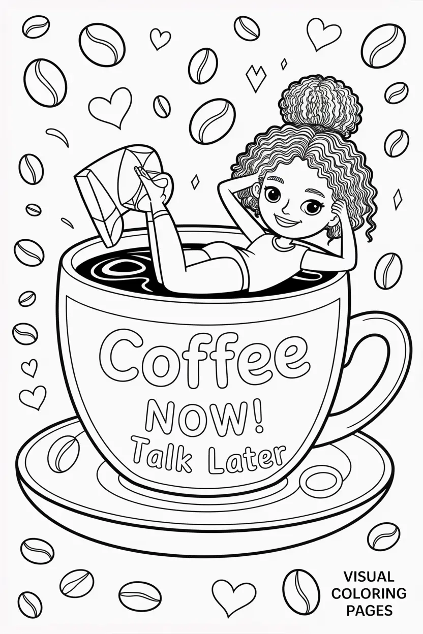 cartoon woman on the rim of coffee cup coloring