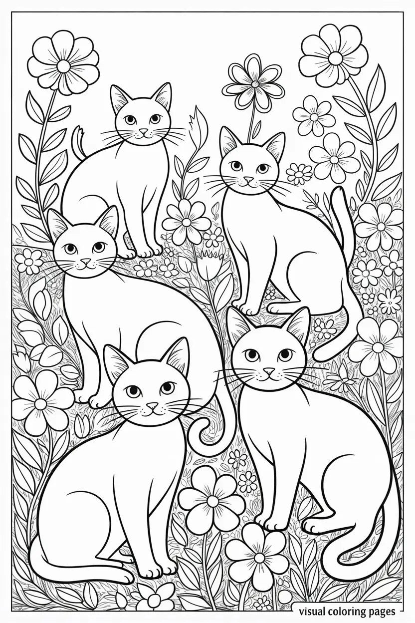cats and flowers pattern coloring page