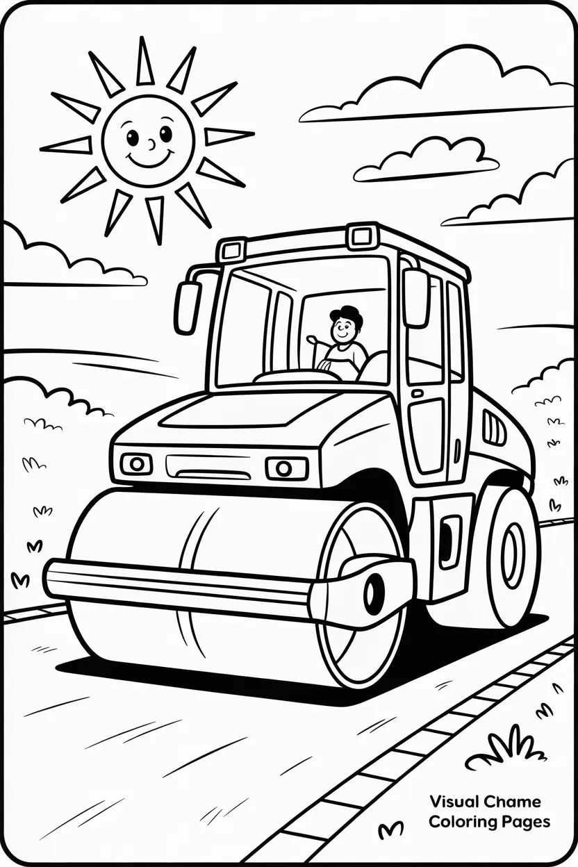 cheerful road roller flattening the ground under a happy sun 1