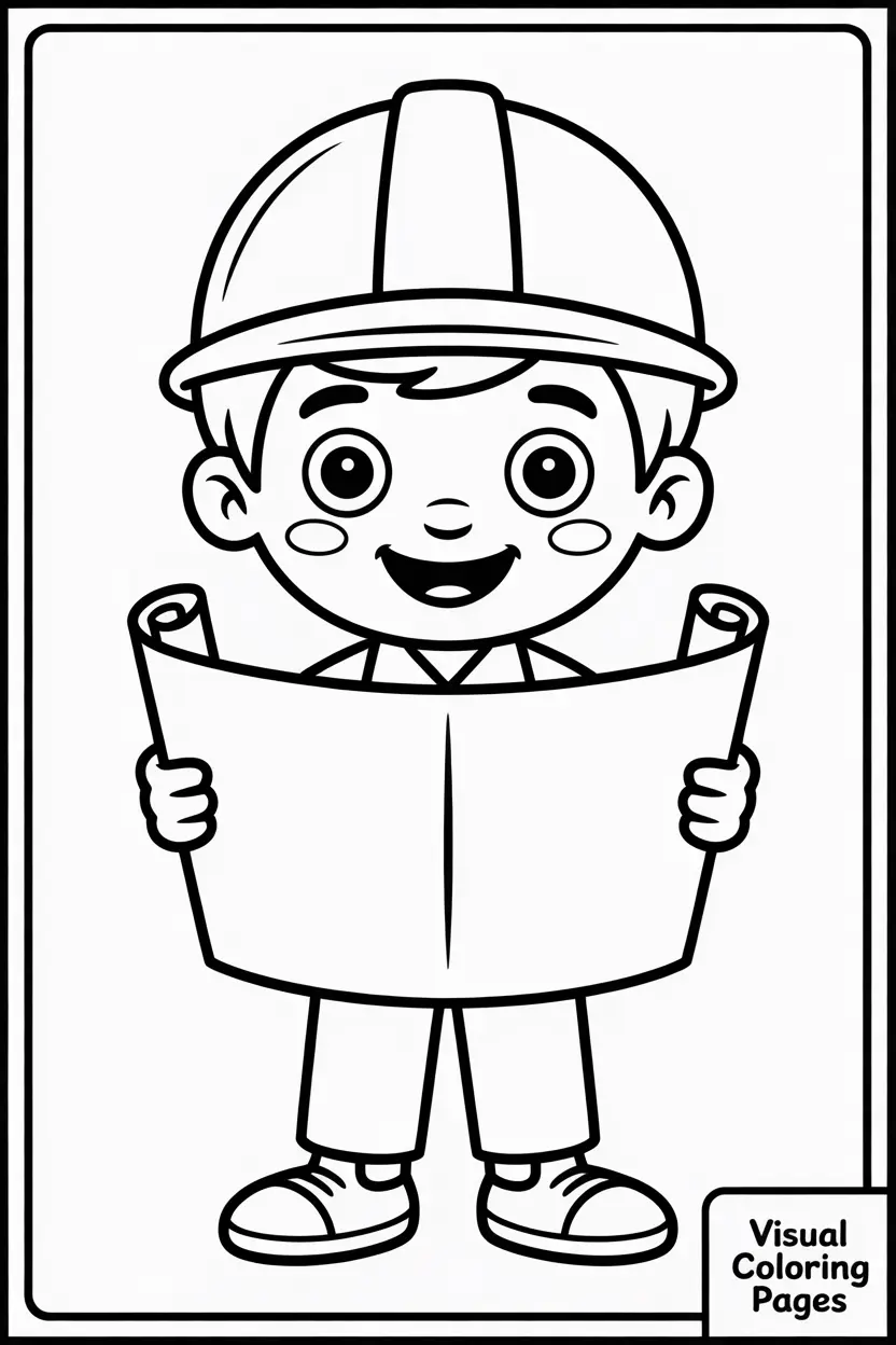 child in a construction worker costume holding a blueprint