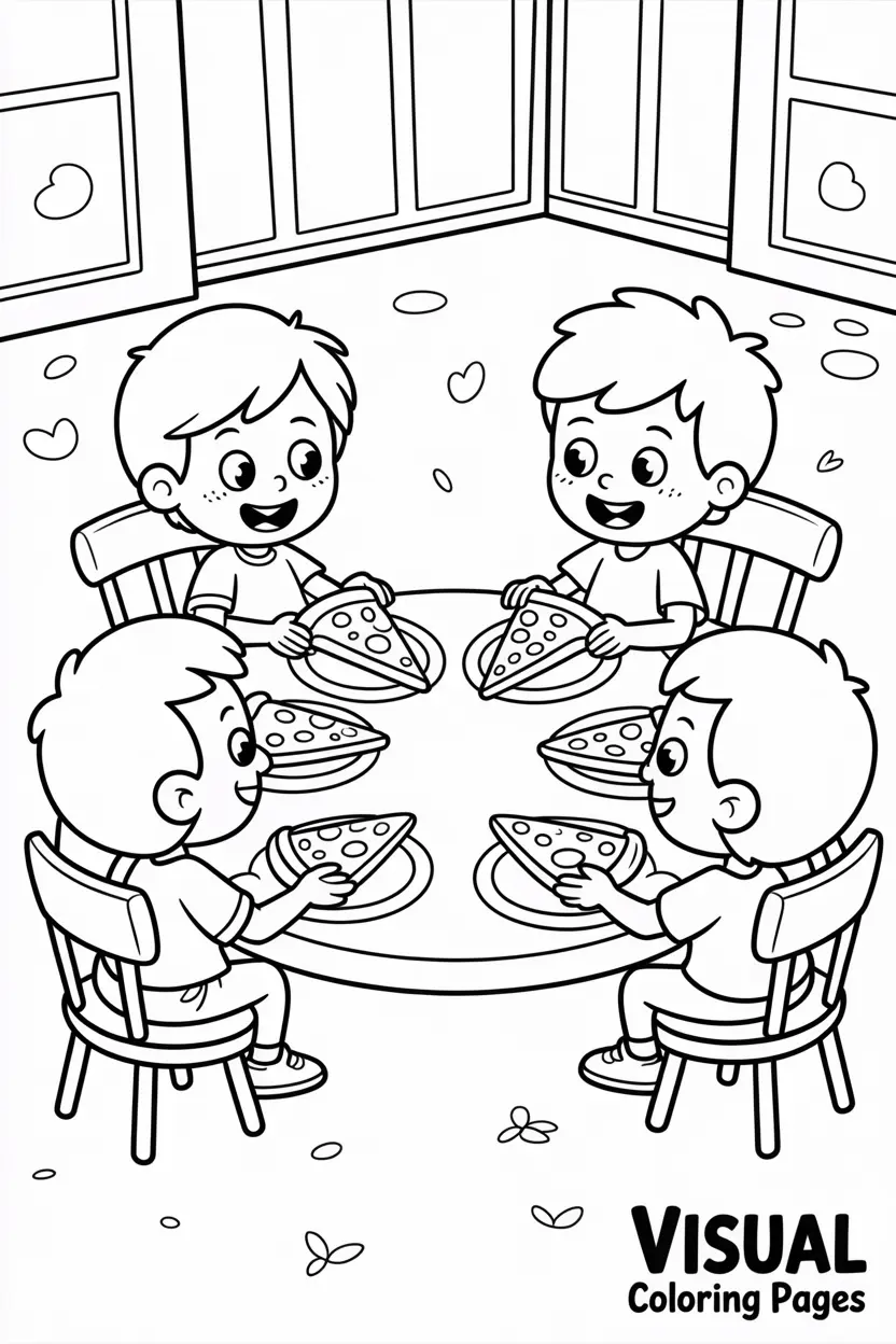 children sitting around a table sharing pizza slices