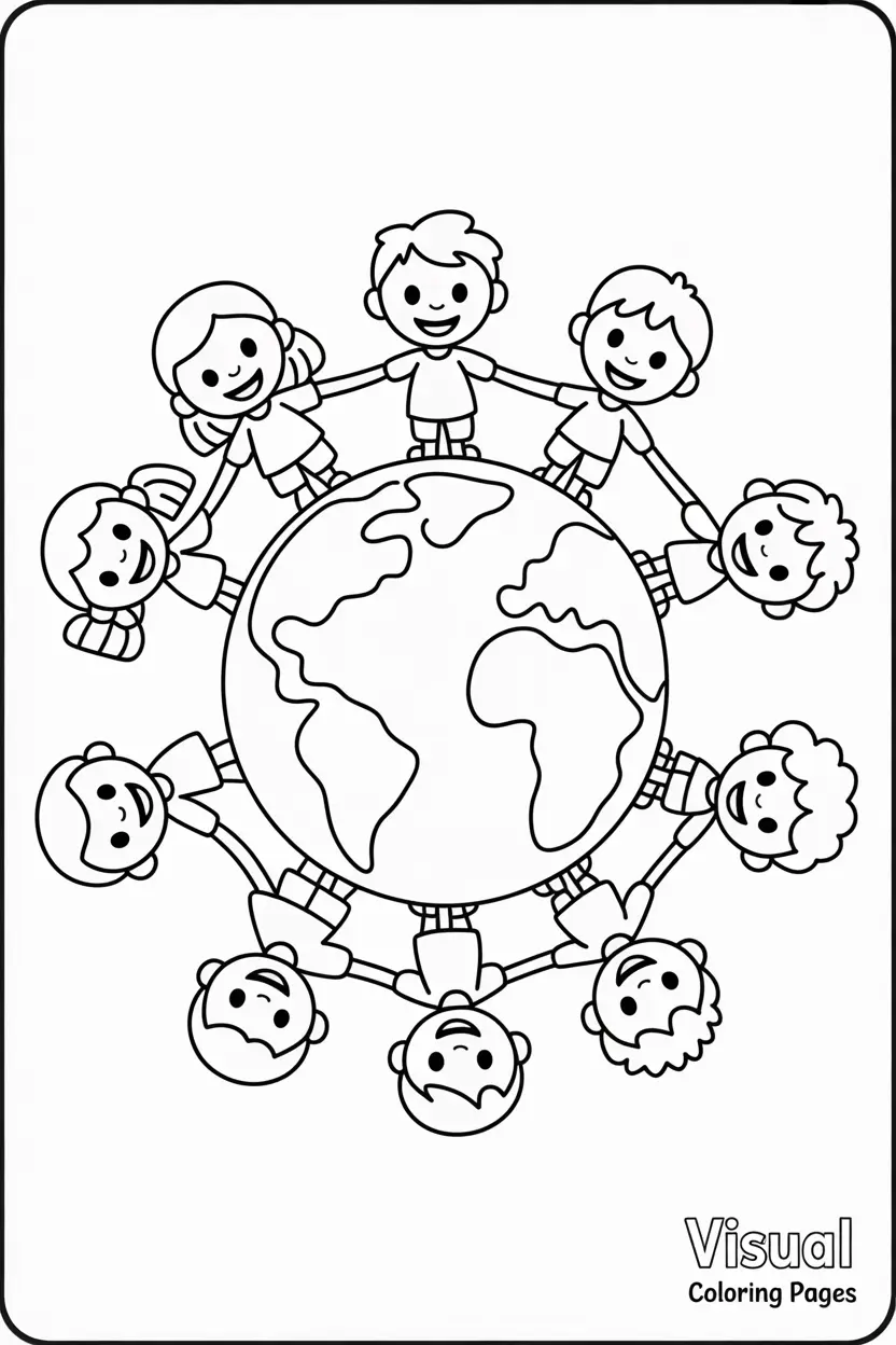 children standing around a globe holding hands