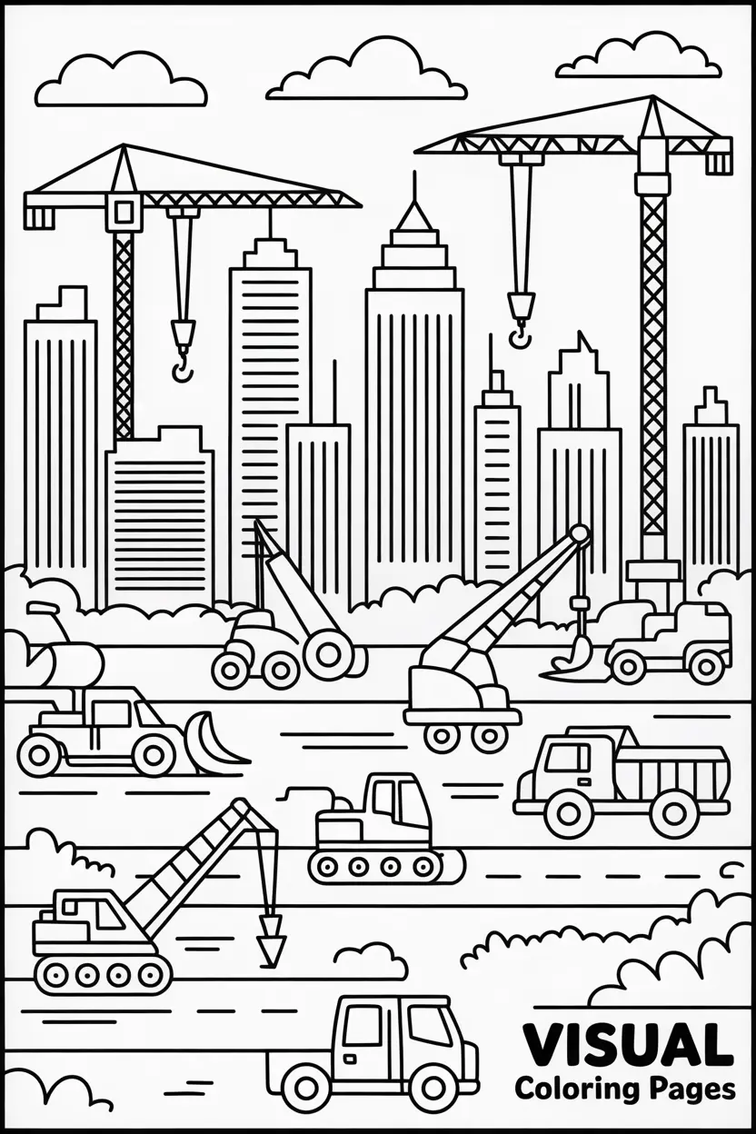city skyline under construction with cranes bulldozers and trucks