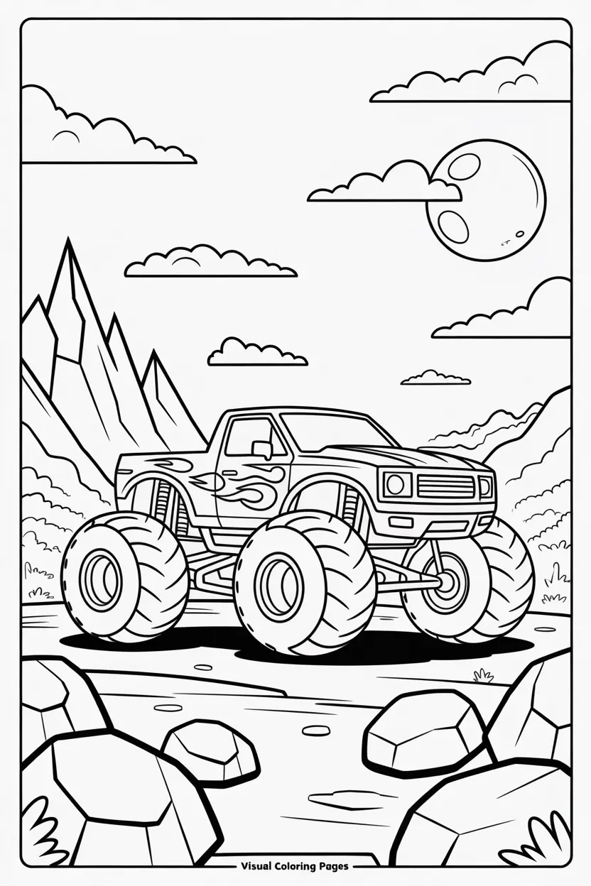 coloring page of a monster truck in the desert
