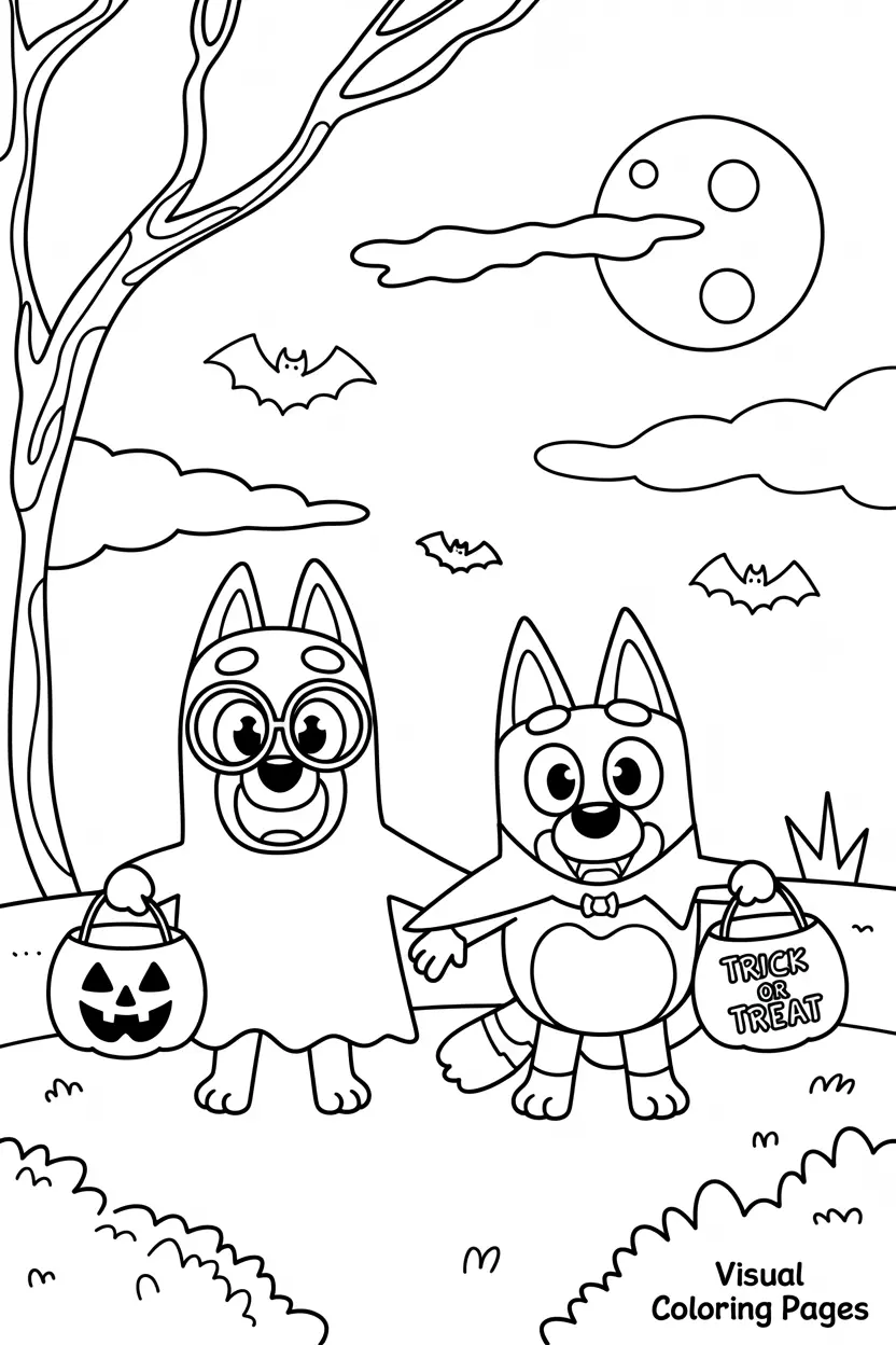 coloring page of bluey and bingo in halloween costumes