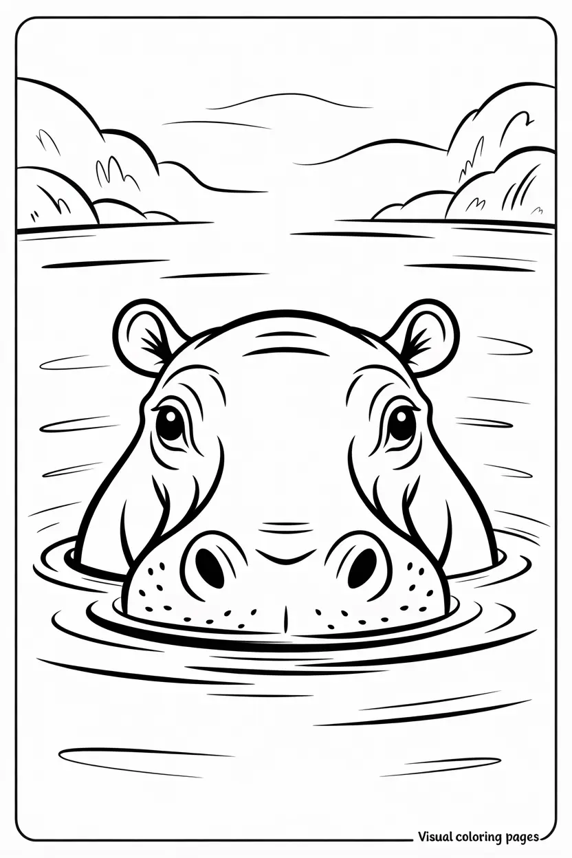 coloring page of hippo poking head out of water