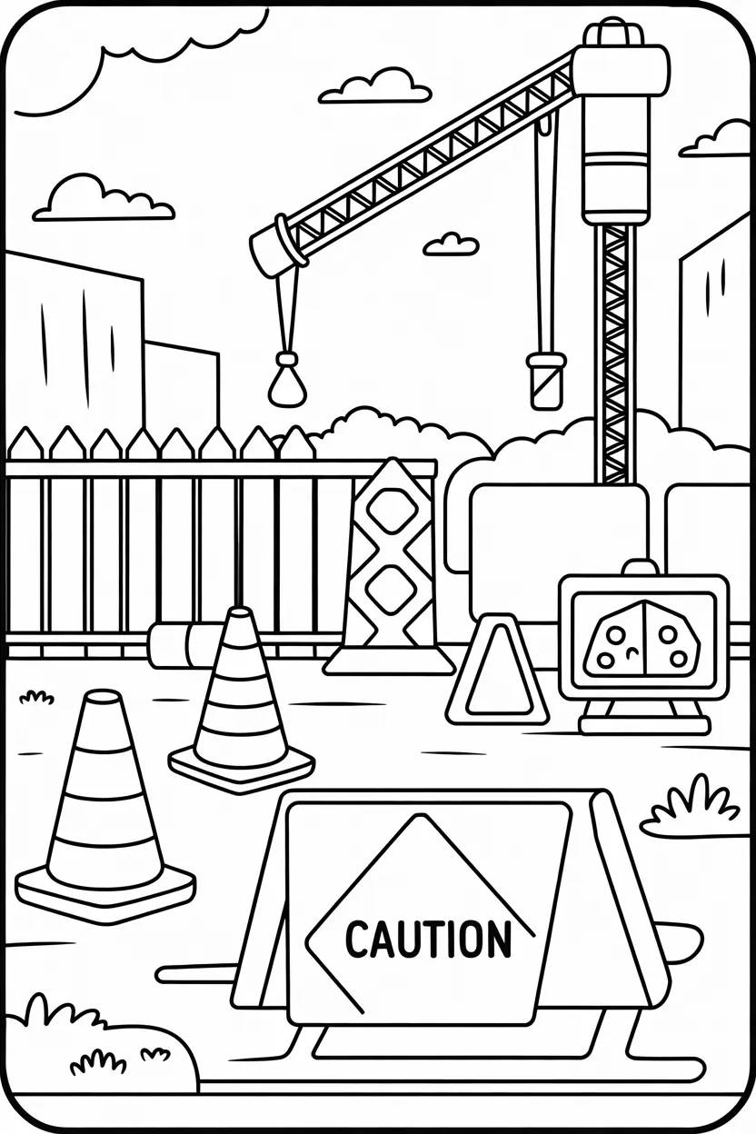 construction site with tall fences traffic cones and caution signs