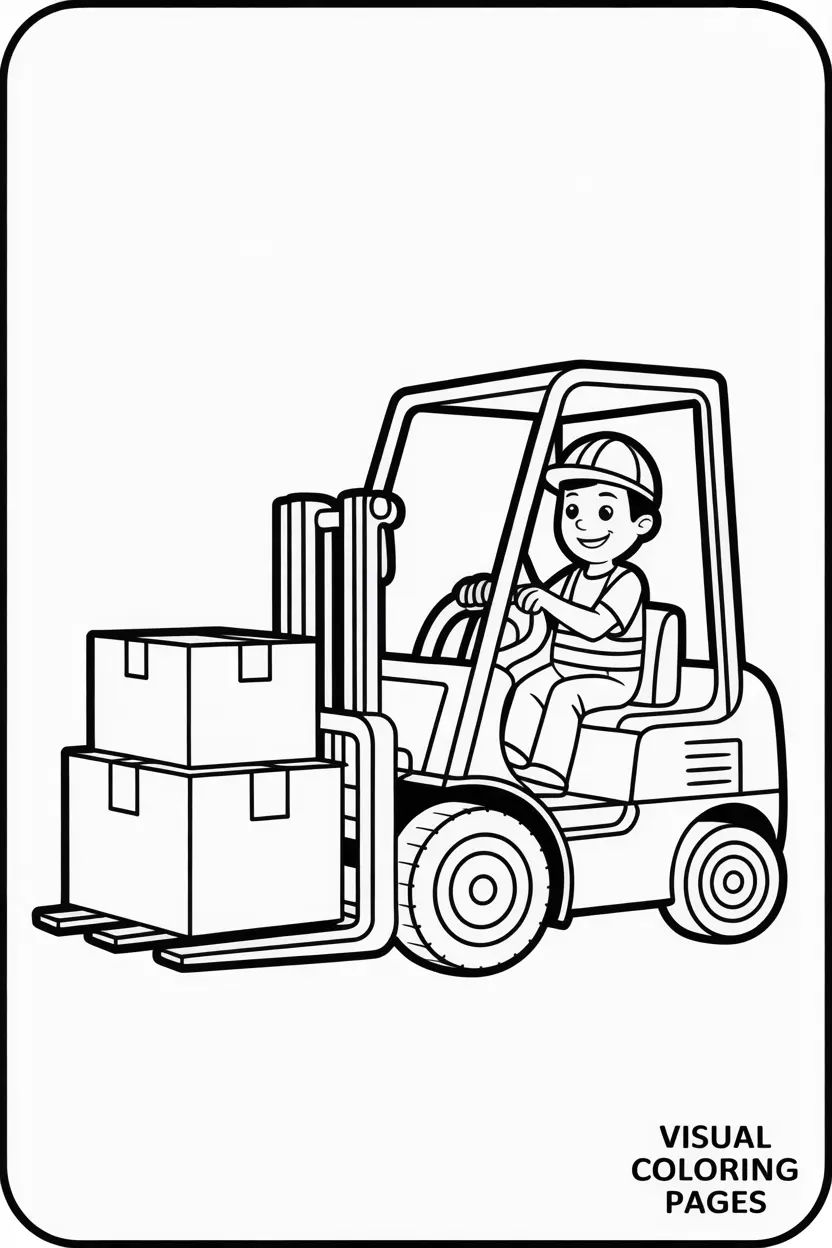 construction worker driving a small forklift lifting toy boxes