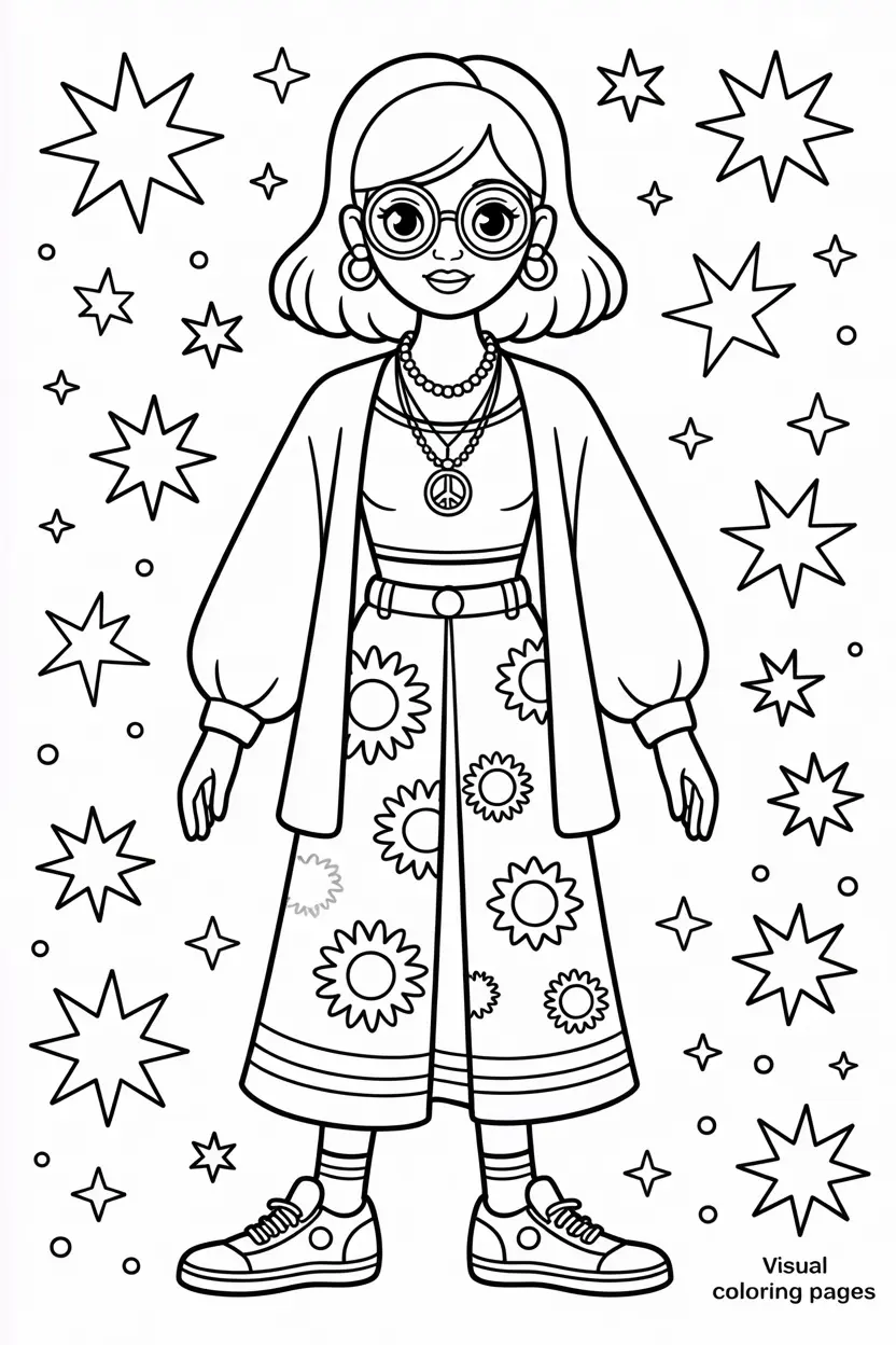 cool hippie woman wearing sunglasses coloring page