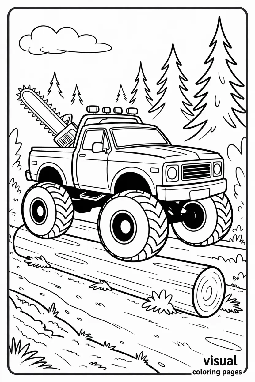 cool monster truck with chainsaw in the forest