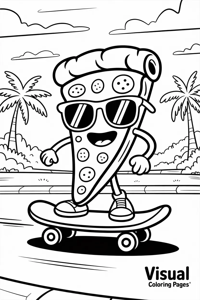 cool pizza slice riding a skateboard with sunglasses
