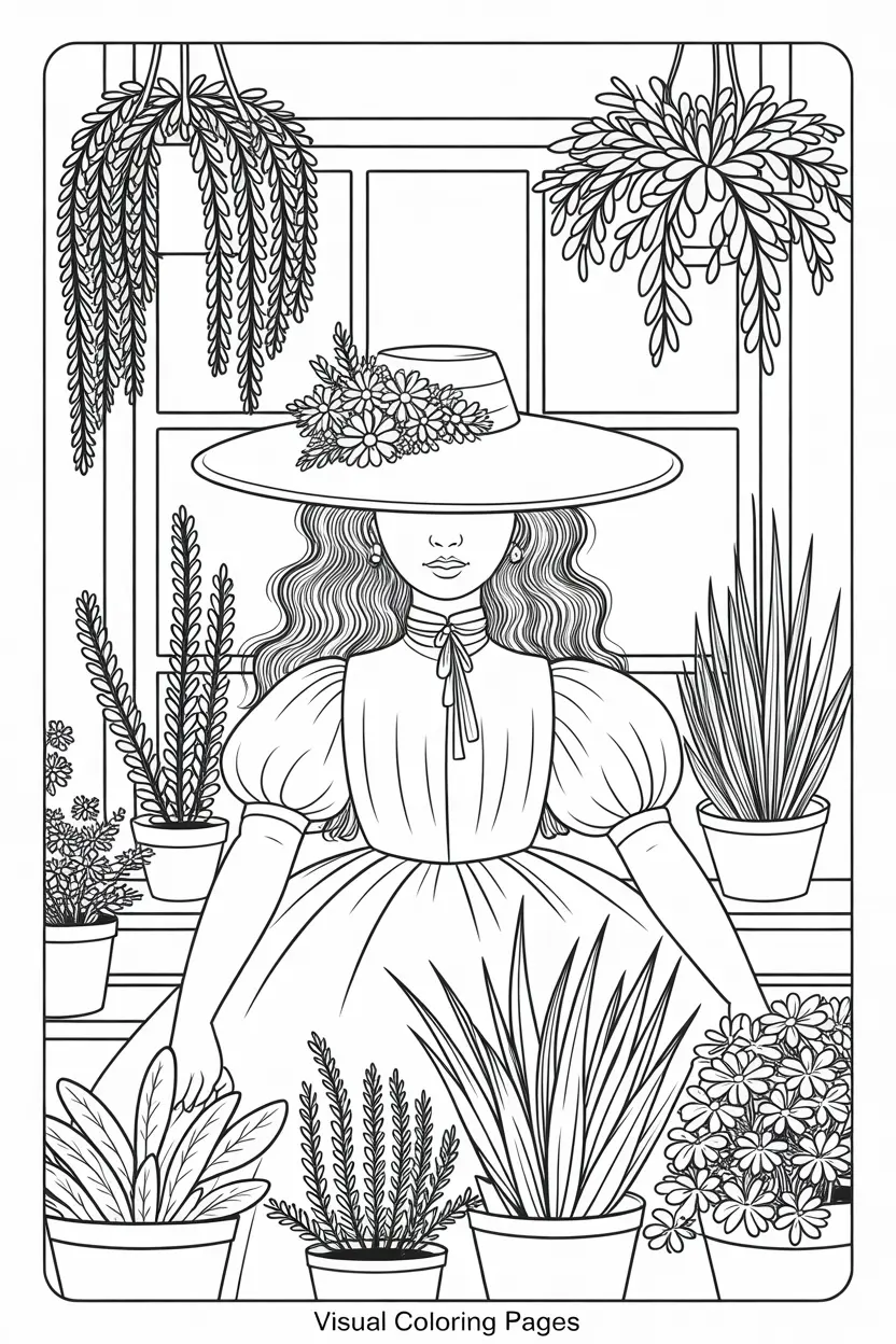 cottagecore girl harvesting vegetables coloring sheet