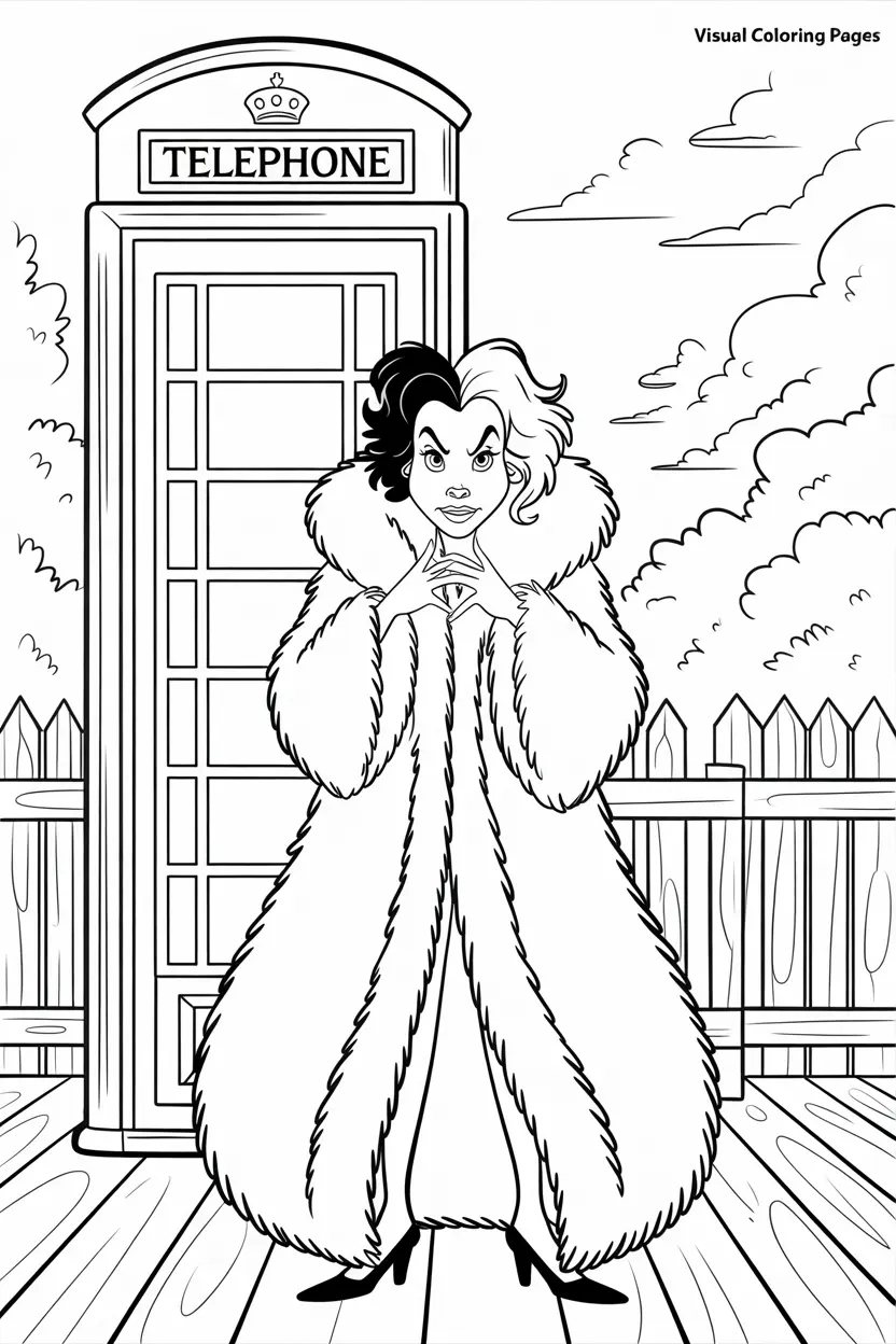 cruella de vil outside of telephone booth disney villain