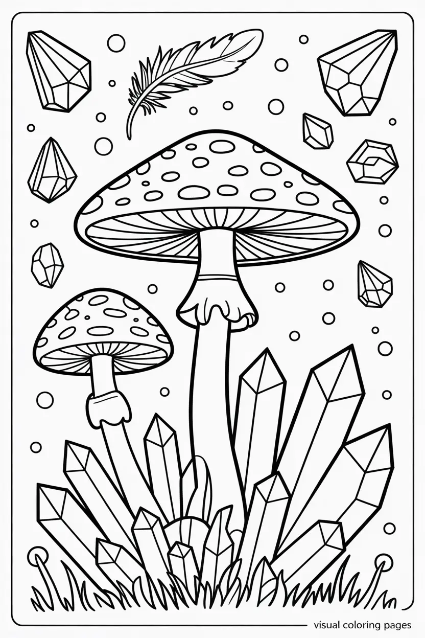 crystals forming around large mushrooms coloring page