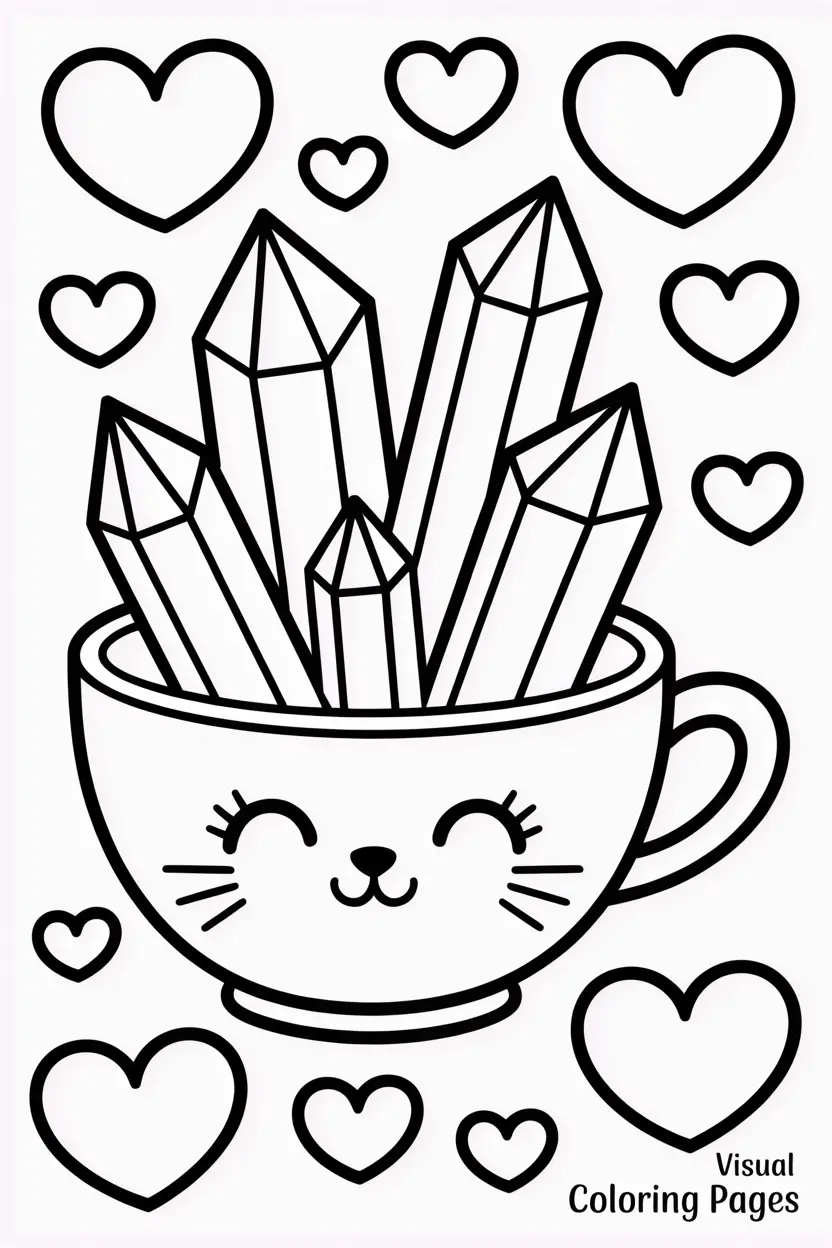 crystals inside a cute cat mug coloring sheet for kids
